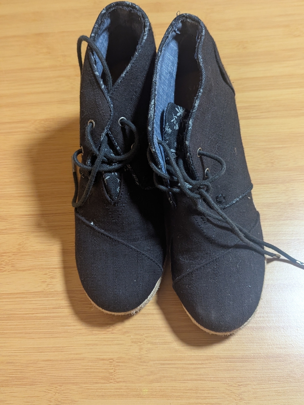 Toms Black Canvas Lace-Up Ankle Wedge Boots